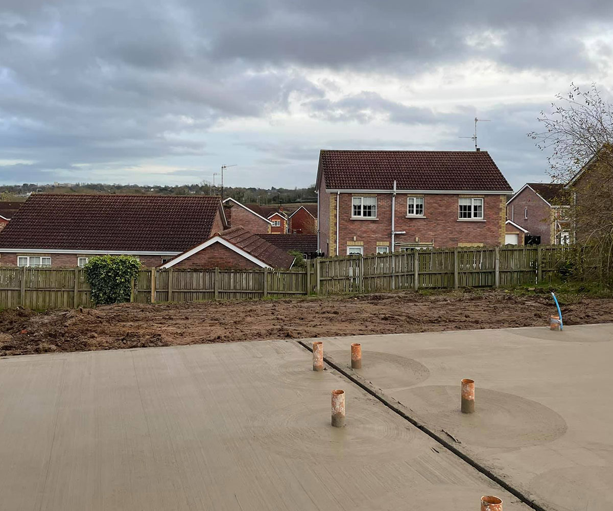 Newly poured concrete foundations for a house